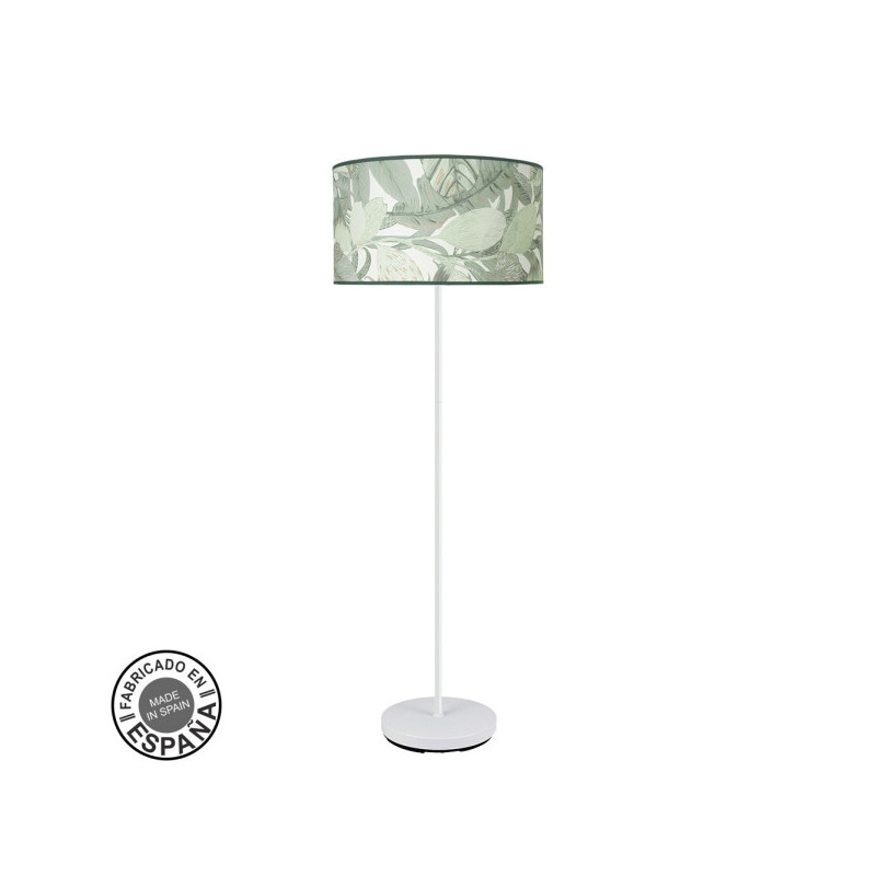 Lámpara Pie de Salón de la serie MODA de color BLANCO y pantalla de diseño HOJA VERDE.