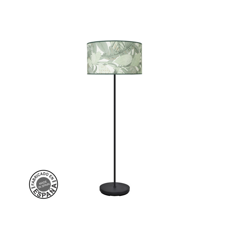Lámpara Pie de Salón de la serie MODA de color negro y pantalla de diseño HOJA VERDE.