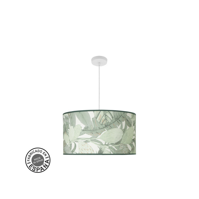 Lámpara de techo colgante, serie Moda, soporte de techo metálico en acabado blanco y pantalla de diseño HOJA VERDE.