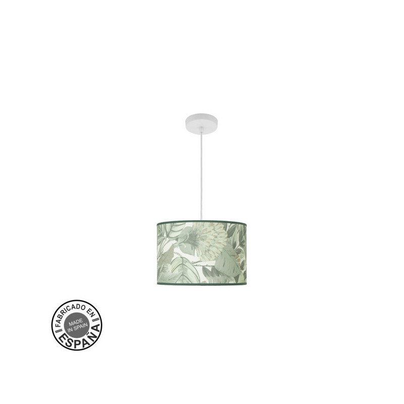 Lámpara de techo colgante, serie Moda, soporte de techo metálico en acabado blanco y pantalla de diseño HOJA VERDE.