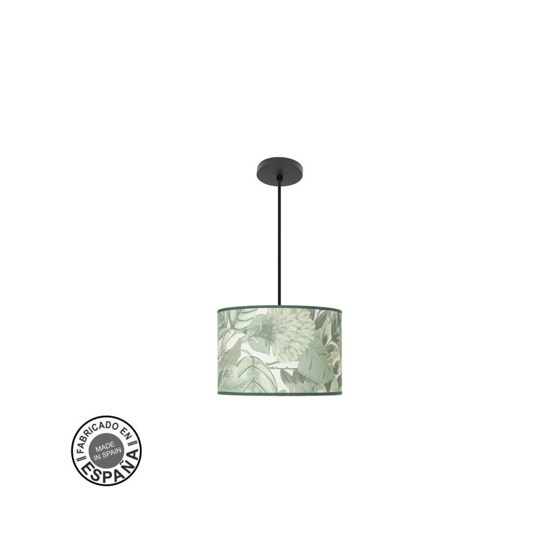 Lámpara de techo colgante, serie Moda, soporte de techo metálico en acabado negro y pantalla de diseño HOJA VERDE.