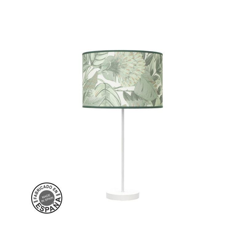 Lámpara de sobremesa ALTO de la serie MODA, estructura metálica en acabado blanco y pantalla de diseño HOJA VERDE.