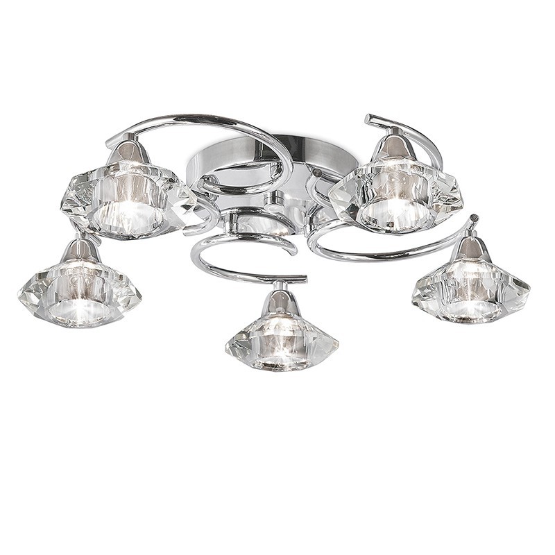 Lámpara de techo, Serie Chic, estructura metálica en acabado cromo brillo, con tulipa de cristal transparente, 5 luces.