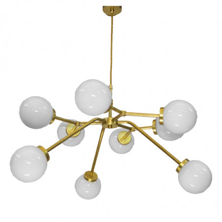 Lámpara de techo, armazón de latón en acabado satinado, 9 luces, con bolas de cristal Ø 14cm, en acabado blanco opal.